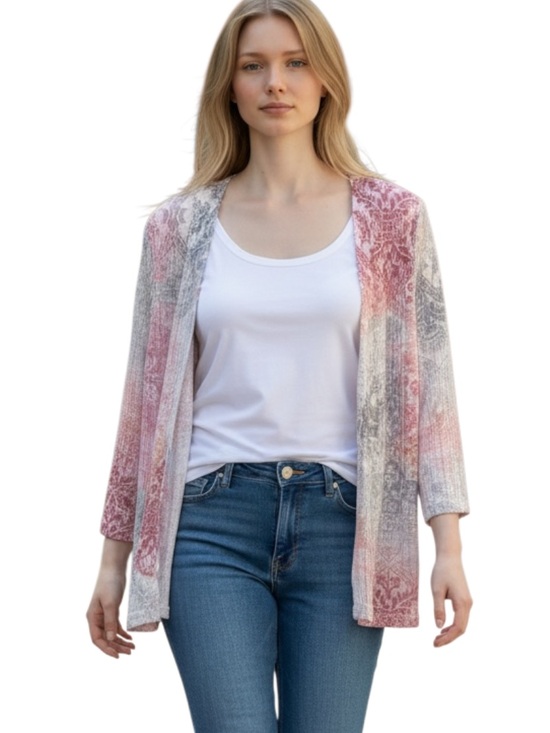 Alfred Dunner Sweaters - Alfred Dunner Pink & Gray Printed Open-Front Cardigan